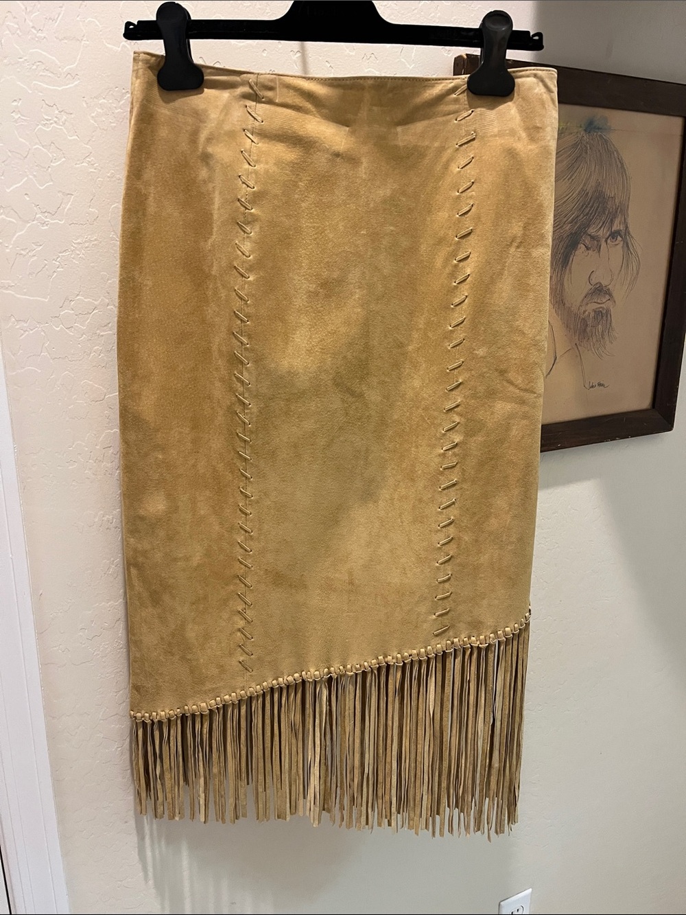 Fringe Hem Suede Midi Skirt